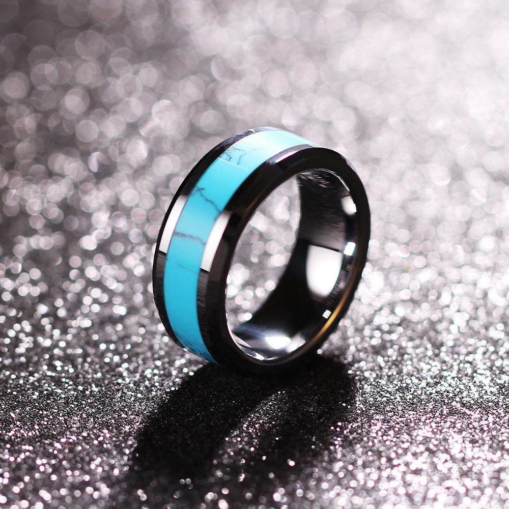 8MM stainless steel natural turquoise fashion ring all-match personality ring
