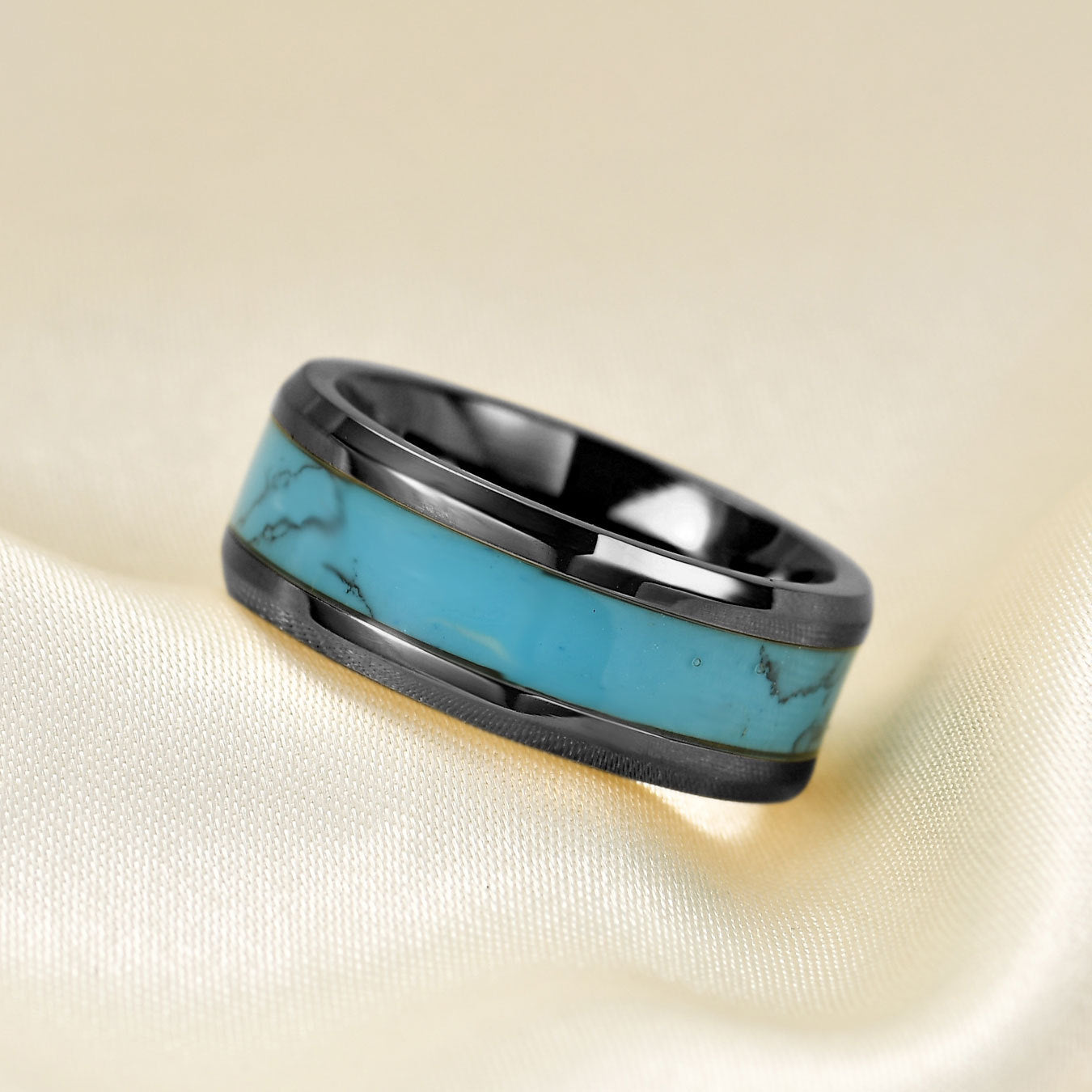 8MM stainless steel natural turquoise fashion ring all-match personality ring